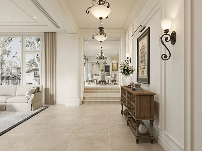 Elegant Living Dining Room Interior With Chandeliers Wall Sconces And Wooden Cabinet Window View 3d model
