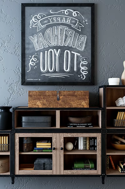 Modern Wall Cabinets With Open Shelves Storage Boxes And Chalkboard Wall Art 3d model