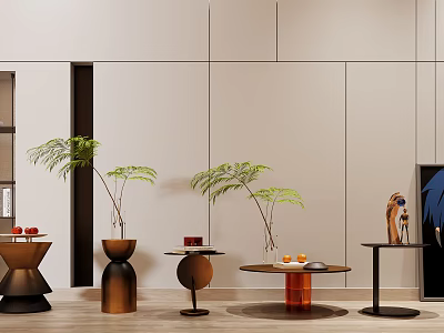 Contemporary Side Tables With Various Designs Potted Ferns Decorative Vases And Fruits In Modern Interior 3d model