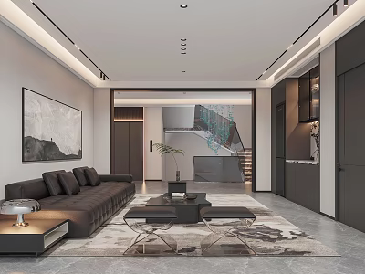 Modern Sleek Luxury Living Room With Dark Leather Sofa And Hidden Ceiling Lighting Interior Design 3d model