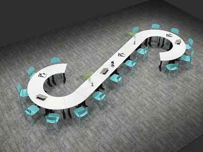Specialty Store Interior With Curved White Table And Blue Chairs 3d model