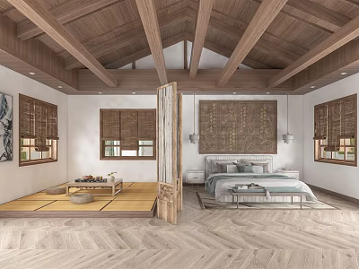 Hotel Guest Room Interior With Wooden Ceiling Beams Tatami Area Bed Wooden Shutters And Flooring 3d model