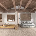 Hotel Guest Room Interior With Wooden Ceiling Beams Tatami Area Bed Wooden Shutters And Flooring
