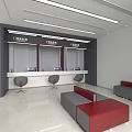 Bank Lobby Interior With Three Cash Counters Chairs And Waiting Sofas 3d model