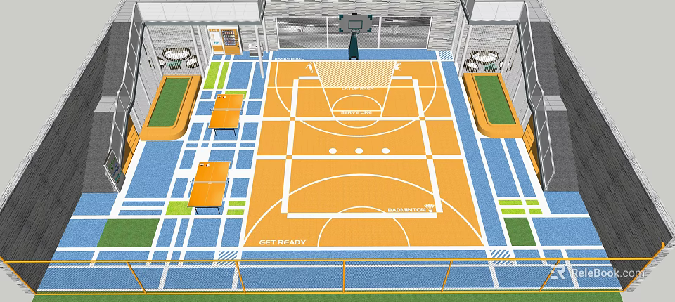 Indoor Basketball Gym With Orange Blue Flooring White Lines And Benches 3d model 