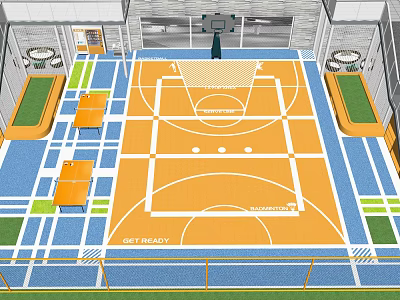 Indoor Basketball Gym With Orange Blue Flooring White Lines And Benches 3d model