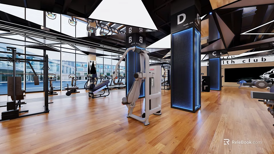 Spacious Modern Gym Interior With Fitness Equipment And Wooden Floor 3d model 
