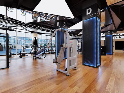 Spacious Modern Gym Interior With Fitness Equipment And Wooden Floor 3d model