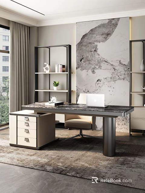 Modern Elegant Desk With Marble Top Bookshelf Books Decorative Items Comfortable Chair Bright Room 3d model 