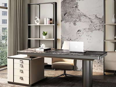 Modern Elegant Desk With Marble Top Bookshelf Books Decorative Items Comfortable Chair Bright Room 3d model