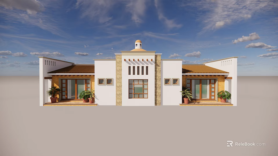 Traditional Villa Exterior With White Walls Brown Roof Domed Tower Wooden Doors And Potted Plants 3d model 