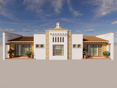 Traditional Villa Exterior With White Walls Brown Roof Domed Tower Wooden Doors And Potted Plants 3d model