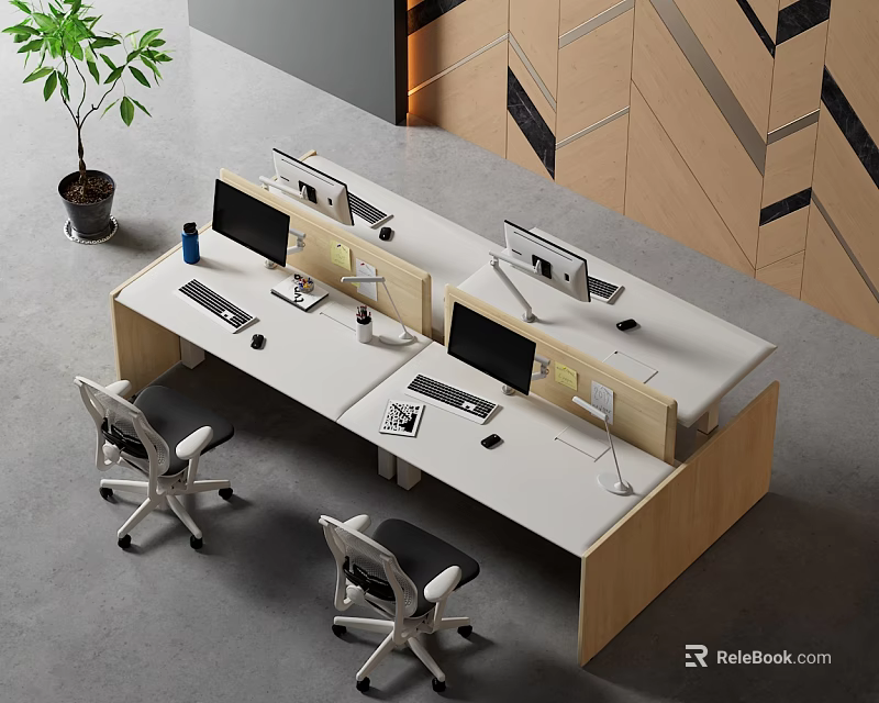 Modern Office Desk Workstation With Dual Monitors Ergonomic Chairs And Potted Plant Setup 3d model 
