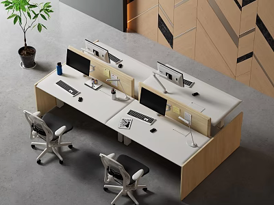 Modern Office Desk Workstation With Dual Monitors Ergonomic Chairs And Potted Plant Setup 3d model