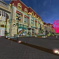 Scenic Pedestrian Street View With Colorful Flowers Neon Light Decorations And Building Exterior