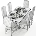 Elegant Wooden Dining Table Set With Linen Chairs And Tableware Arrangement 3d model