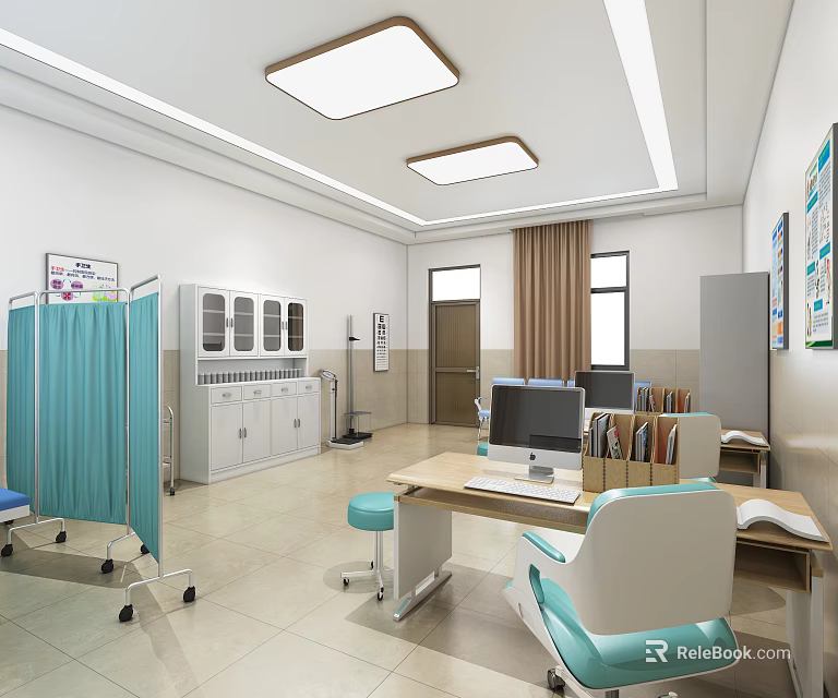 School Health Room Interior With Blue Curtains Cabinets Computer Desks Chairs And Posters 3d model 