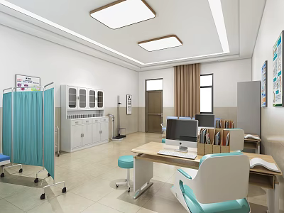 School Health Room Interior With Blue Curtains Cabinets Computer Desks Chairs And Posters 3d model