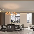 Modern Private Dining Room With Chandelier And City View 3d model