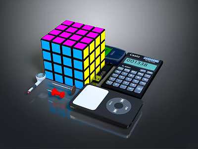 Colorful Daily Living Essentials With Multicolored Rubik's Cube Calculator Tape Measure And Small Tools 3d model