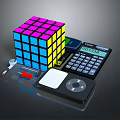 Colorful Daily Living Essentials With Multicolored Rubik's Cube Calculator Tape Measure And Small Tools