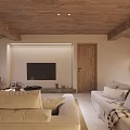 Cozy Natural Tone Living Room With Wooden Ceiling Soft Sofas And Indoor Decorative Plants
