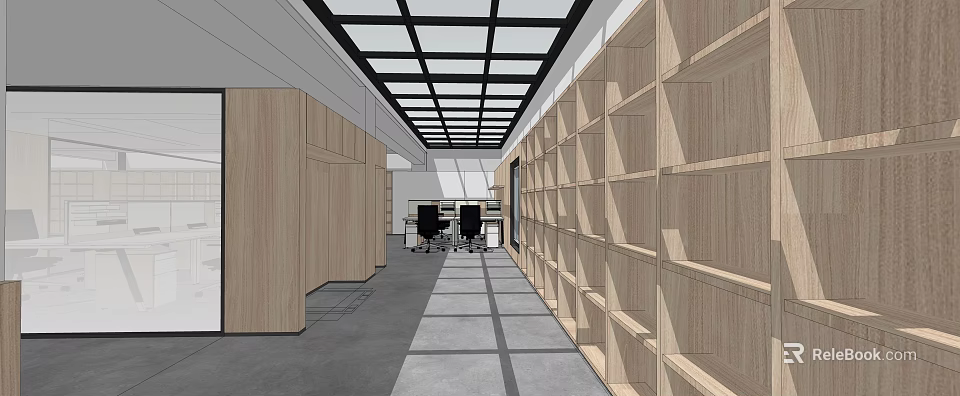 Modern Office Corridor With Wooden Shelves Glass Ceiling Panels And Office Desks Chairs 3d model 