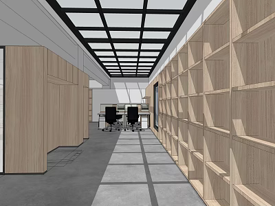 Modern Office Corridor With Wooden Shelves Glass Ceiling Panels And Office Desks Chairs 3d model
