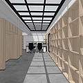 Modern Office Corridor With Wooden Shelves Glass Ceiling Panels And Office Desks Chairs
