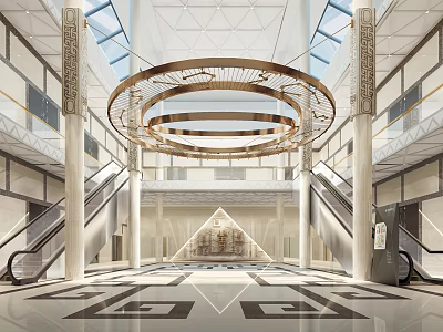 Front Desk Reception Area In Modern Lobby With Circular Chandelier Escalators And Geometric Floor 3d model