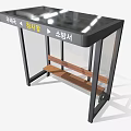 Modern Bus Stop Exterior With Black Roof Transparent Glass And Wooden Bench