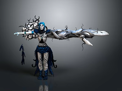 Dark Fantasy Character With Blue Hair Skeleton Face Black Outfit And Large Mechanical Structure 3d model
