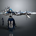 Dark Fantasy Character With Blue Hair Skeleton Face Black Outfit And Large Mechanical Structure
