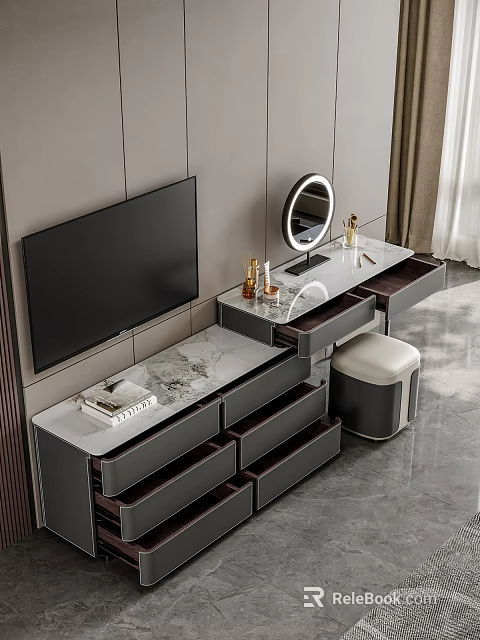 Elegant Modern Vanity Table With Marble Countertop Cosmetics Drawers Mirror TV And Stool 3d model 