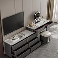 Elegant Modern Vanity Table With Marble Countertop Cosmetics Drawers Mirror TV And Stool