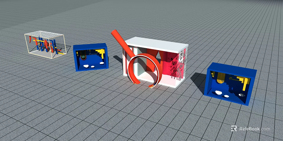 White Box With Red Section And Orange Magnifier Near Blue Display Structures 3d model