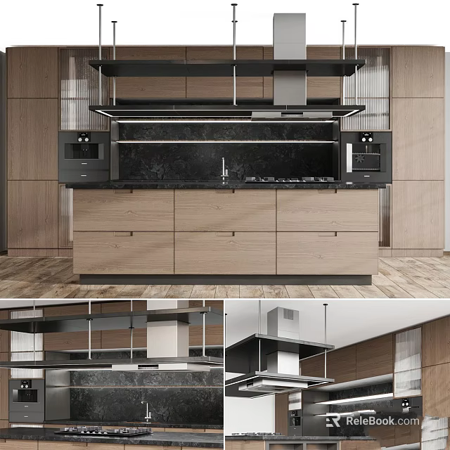 Modern Kitchen Interior Design With Wooden Cabinets Wall Mounted Units And Black Countertop 3d model 