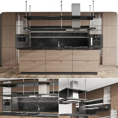 Modern Kitchen Interior Design With Wooden Cabinets Wall Mounted Units And Black Countertop 3d model