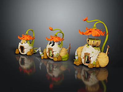 Enchanted Miniature Architecture With Orange Flower Roofs White Brown Frames Small Windows And Doors 3d model