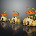 Enchanted Miniature Architecture With Orange Flower Roofs White Brown Frames Small Windows And Doors