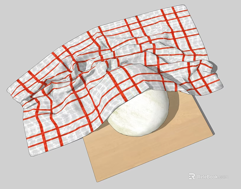 Red And White Checkered Cloth Covering Round Object On Wooden Cutting Board 3d model 