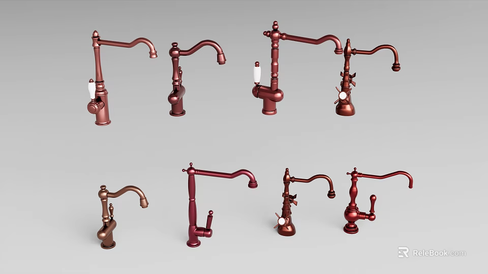Faucets with Various Designs in Red and Copper Colors on Gray Background 3d model