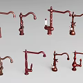 Faucets with Various Designs in Red and Copper Colors on Gray Background 3d model