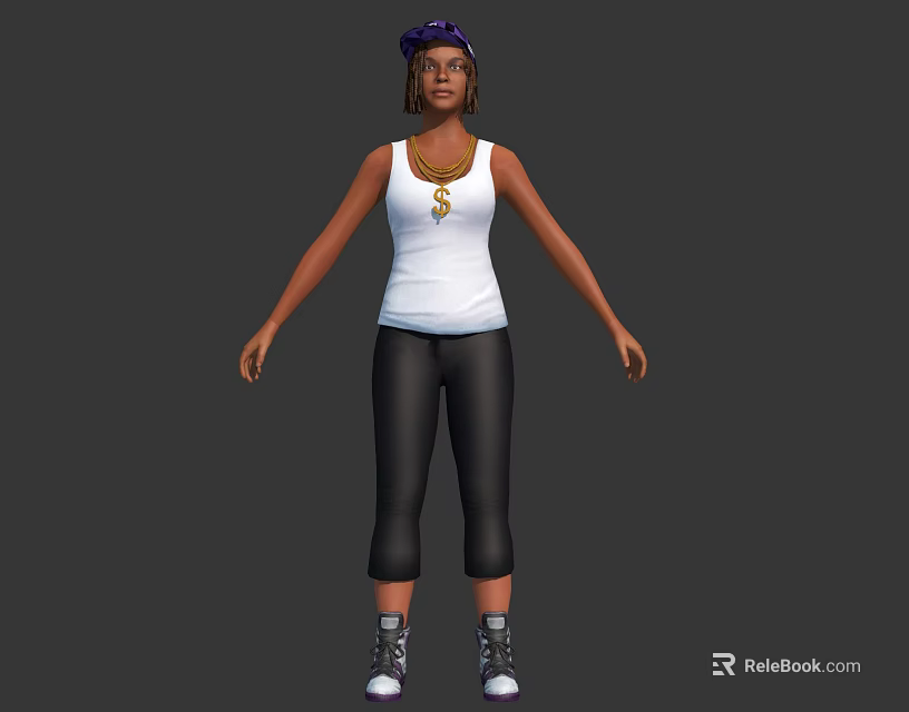Woman in White Tank Top With Dollar Sign Necklace Purple Headscarf Black Pants and Sneakers 3d model 