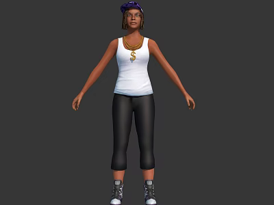 Woman in White Tank Top With Dollar Sign Necklace Purple Headscarf Black Pants and Sneakers 3d model