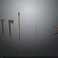Ancient Weapons Collection Featuring Two Axes Long Spear And Wooden Bow With Arrow