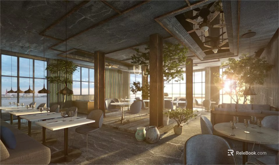 Modern Restaurant Interior Featuring Large Windows Natural Light Indoor Plants And Comfortable Tables 3d model 