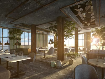 Modern Restaurant Interior Featuring Large Windows Natural Light Indoor Plants And Comfortable Tables 3d model