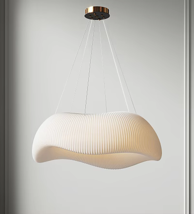 Modern White Ribbed Chandelier With Curved Wavy Design For Contemporary Interior Space 3d model