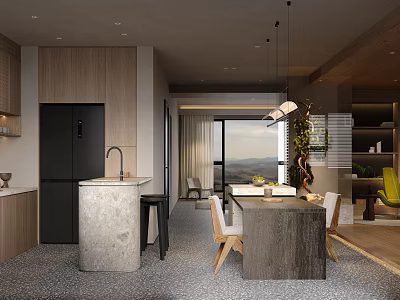 Modern Restaurant Interior With Wooden Cabinets Concrete Island Dining Table And Floor to Ceiling Windows 3d model